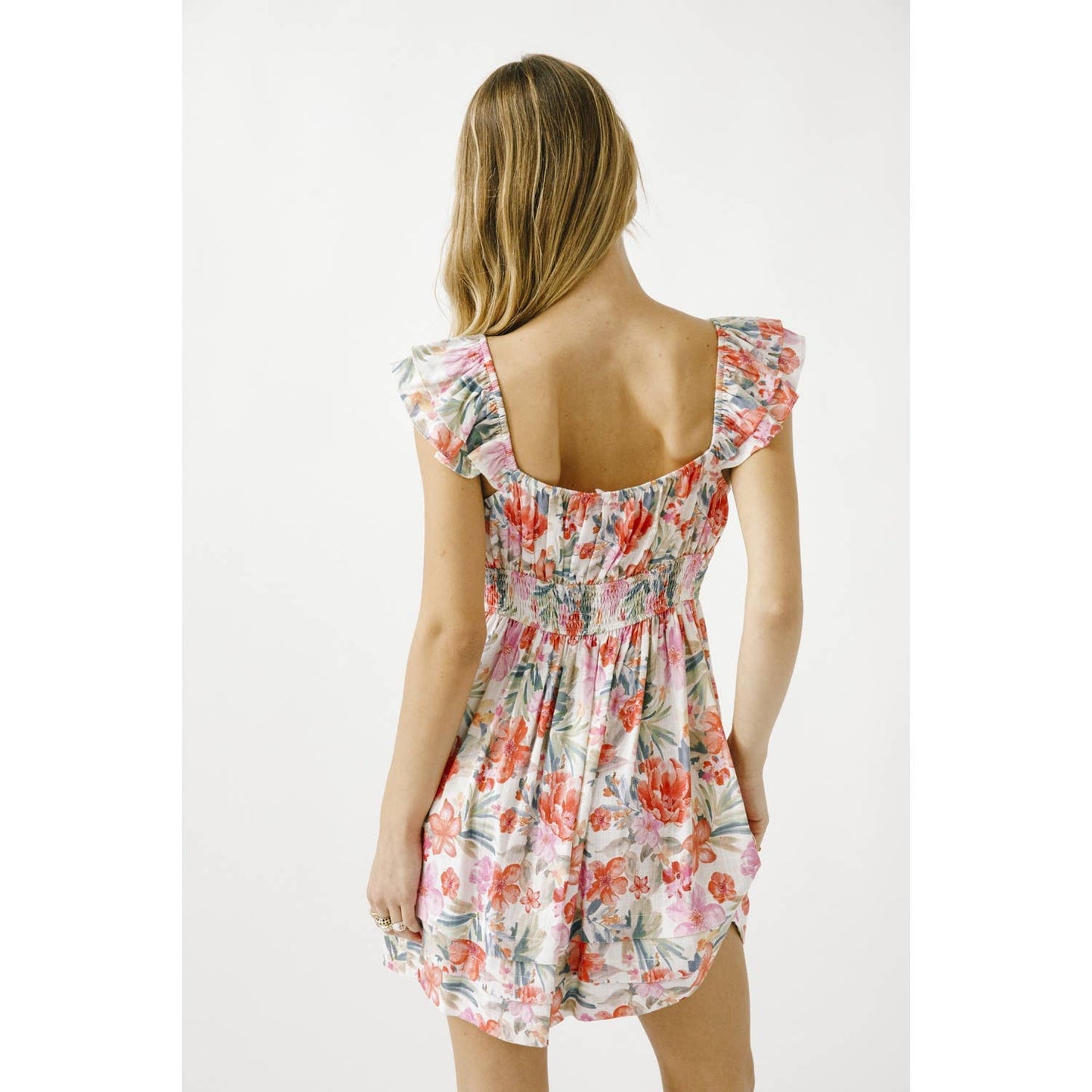 JD6057-1- WARM MULTI COLORED FLORAL A-LINE MINI DRESS: WHITE/MULTI FLORAL