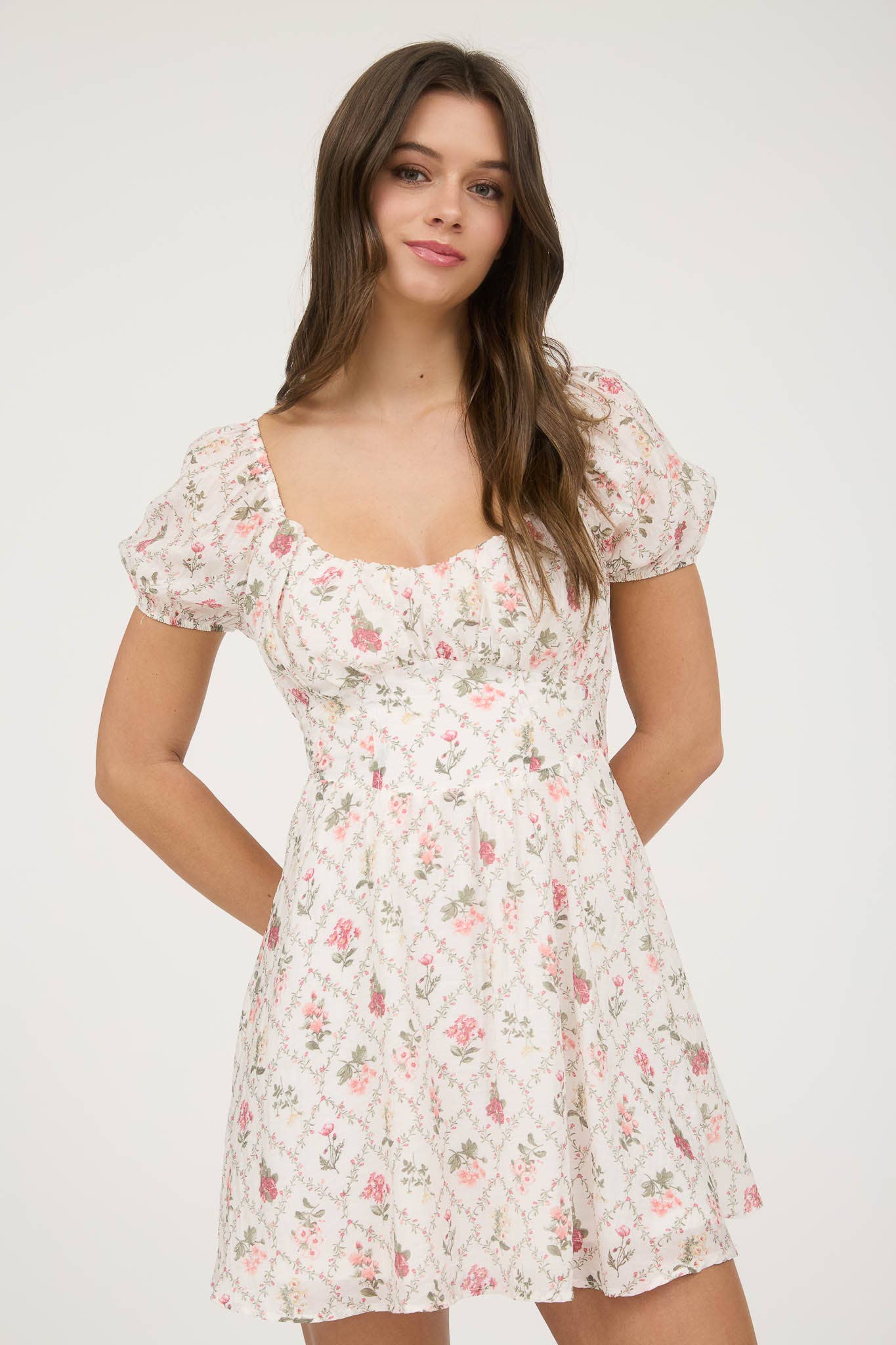 FLORAL CORSET DETAIL BACK TIE MINI DRESS: BURGUNDY CR2456A