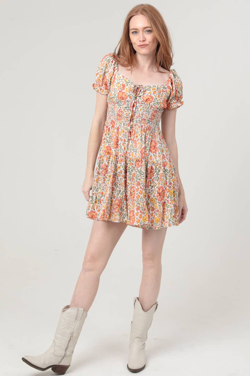C4954-WA34 V NECK SMOCKED WAIST PUFF SLEEVE SHORT DRESS