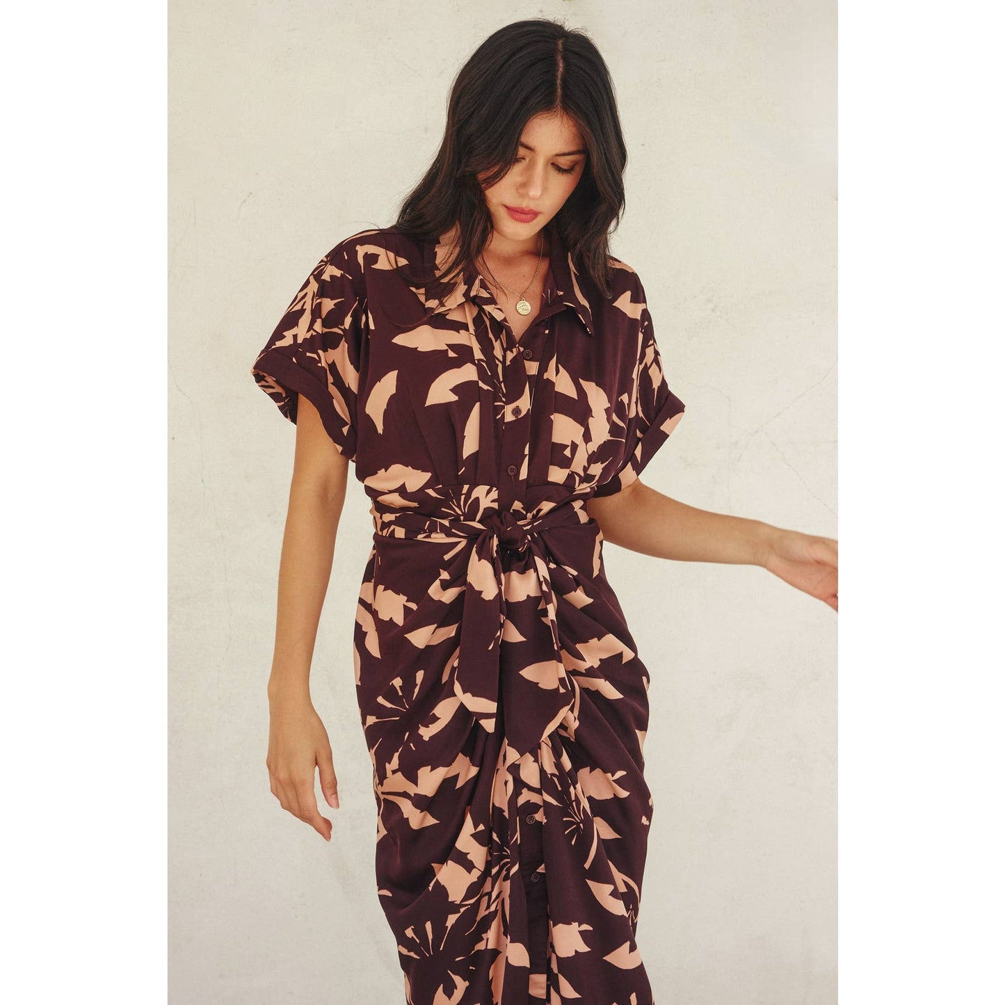 Rhythm Of Silence Ruched Shirt Dress: DRIED PALM / FD12266-P1789