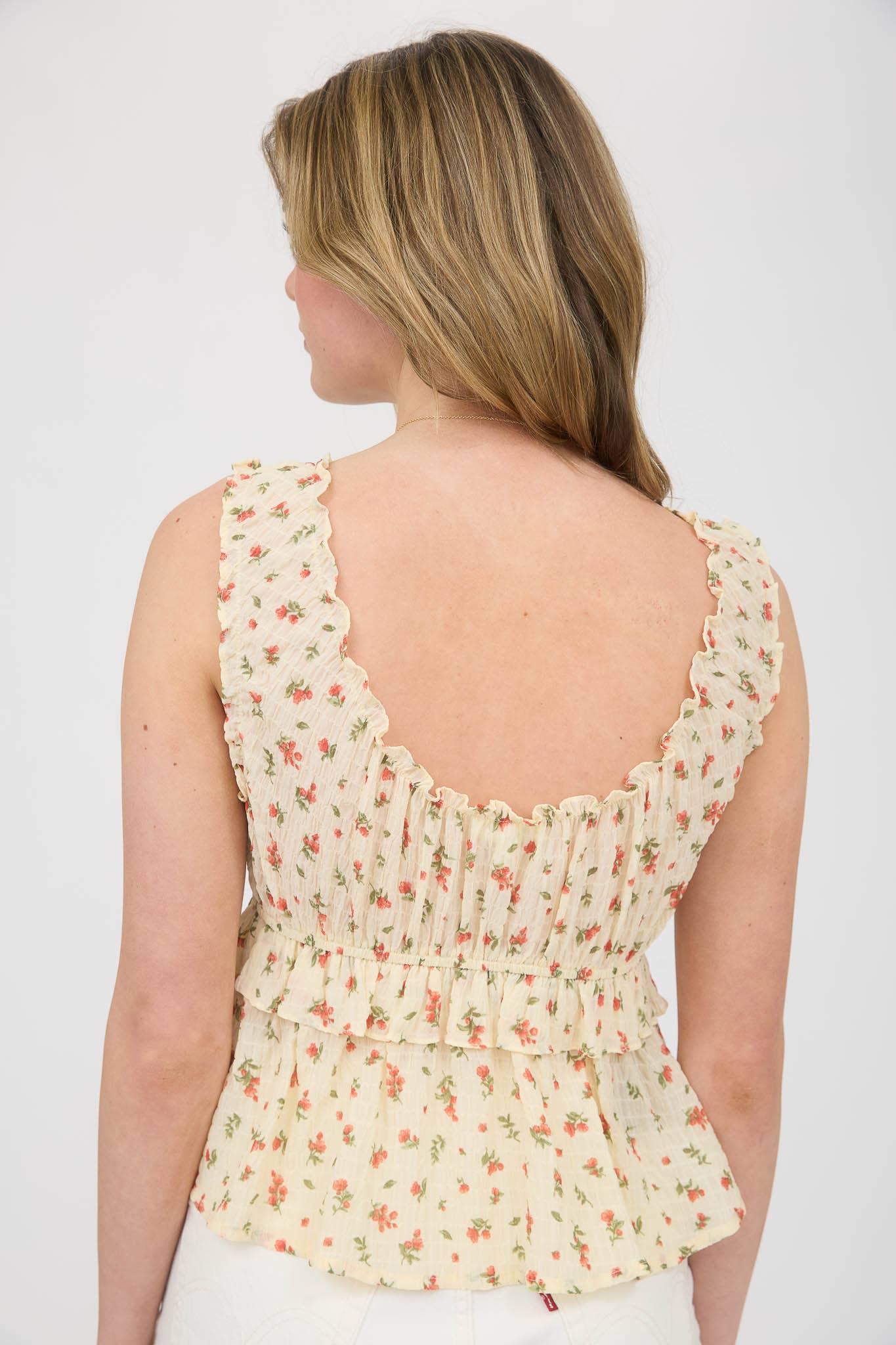 FLORAL PRINT LETTUCE TRIM FRONT TIE BLOUSE: OFF WHITE TB8927