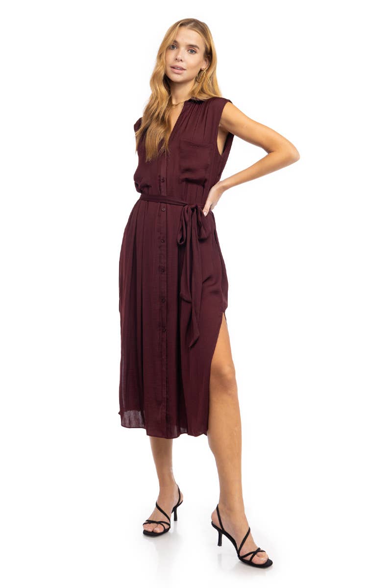 Pleated Shoulder Cap Sleeve Midi Shirt Dress - JD116314: MERLOT