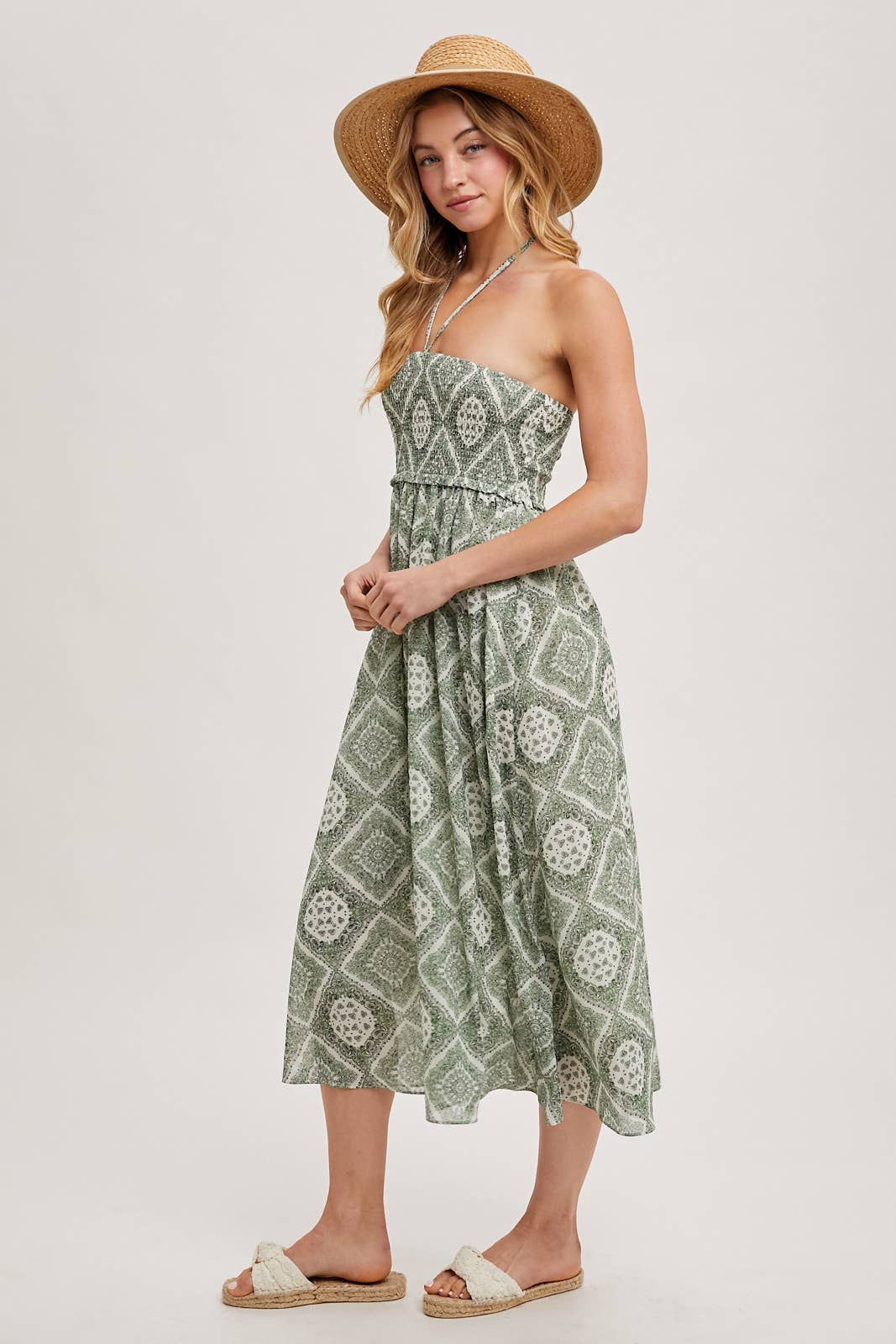 GEO PRINT SMOCKED HALTER DRESS: Green D02355