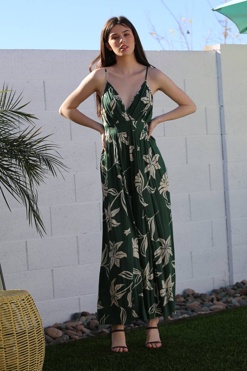 B5957-W921 V NECK SLIT LEG JUMPSUIT FLORAL PRINT: Blue