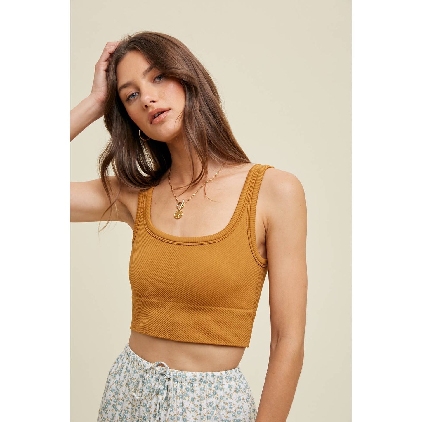 CHEVRON RIBBED SEAMLESS PADDED BRALETTE / WL23-8162: CHARCOAL