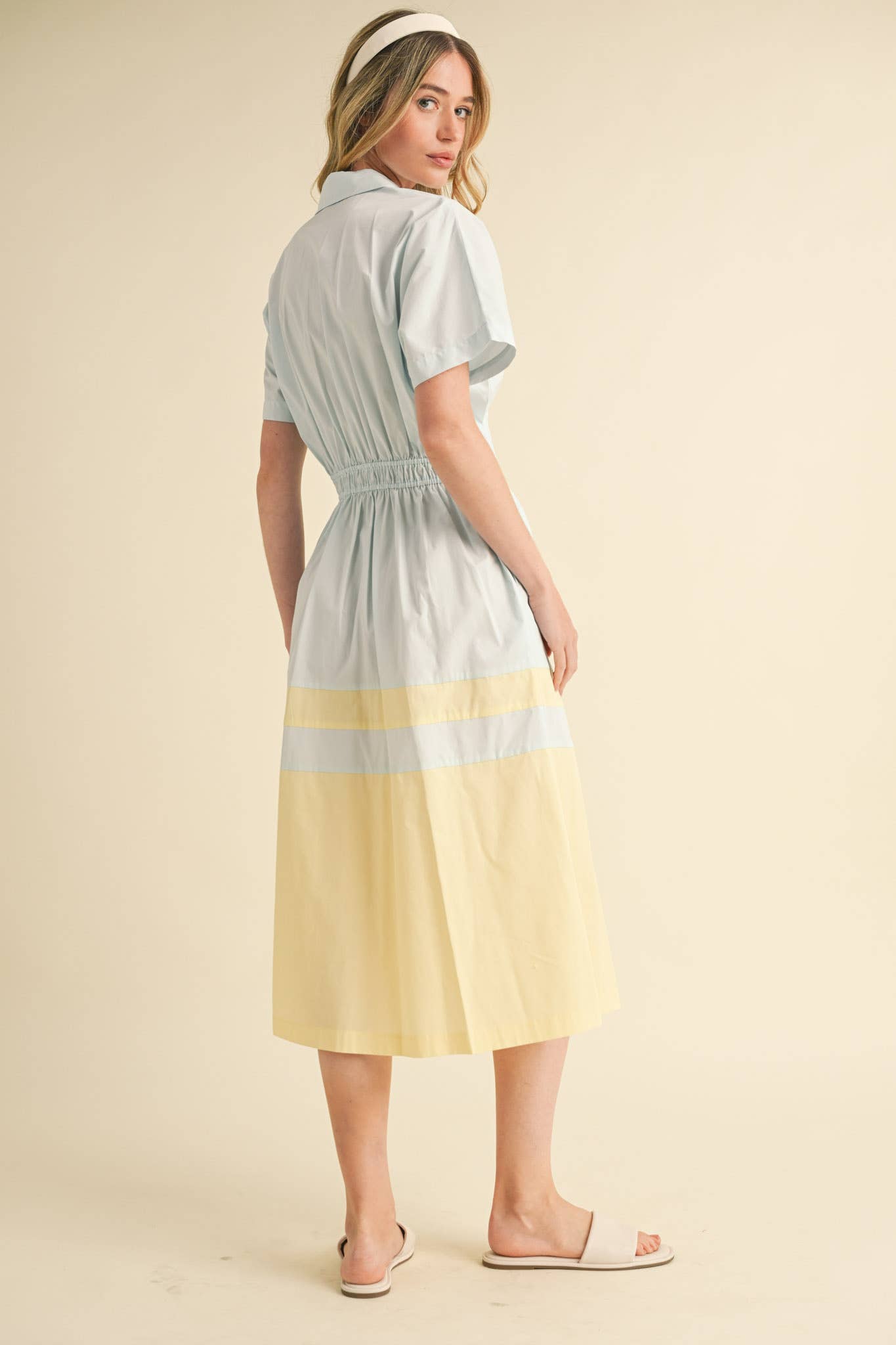 BUTTON DOWN PLEATED WAIST COLOR BLOCK MIDI DRESS MDR3556