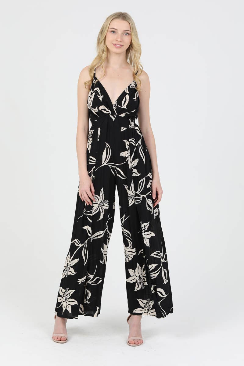 B5957-W921 V NECK SLIT LEG JUMPSUIT FLORAL PRINT: Blue