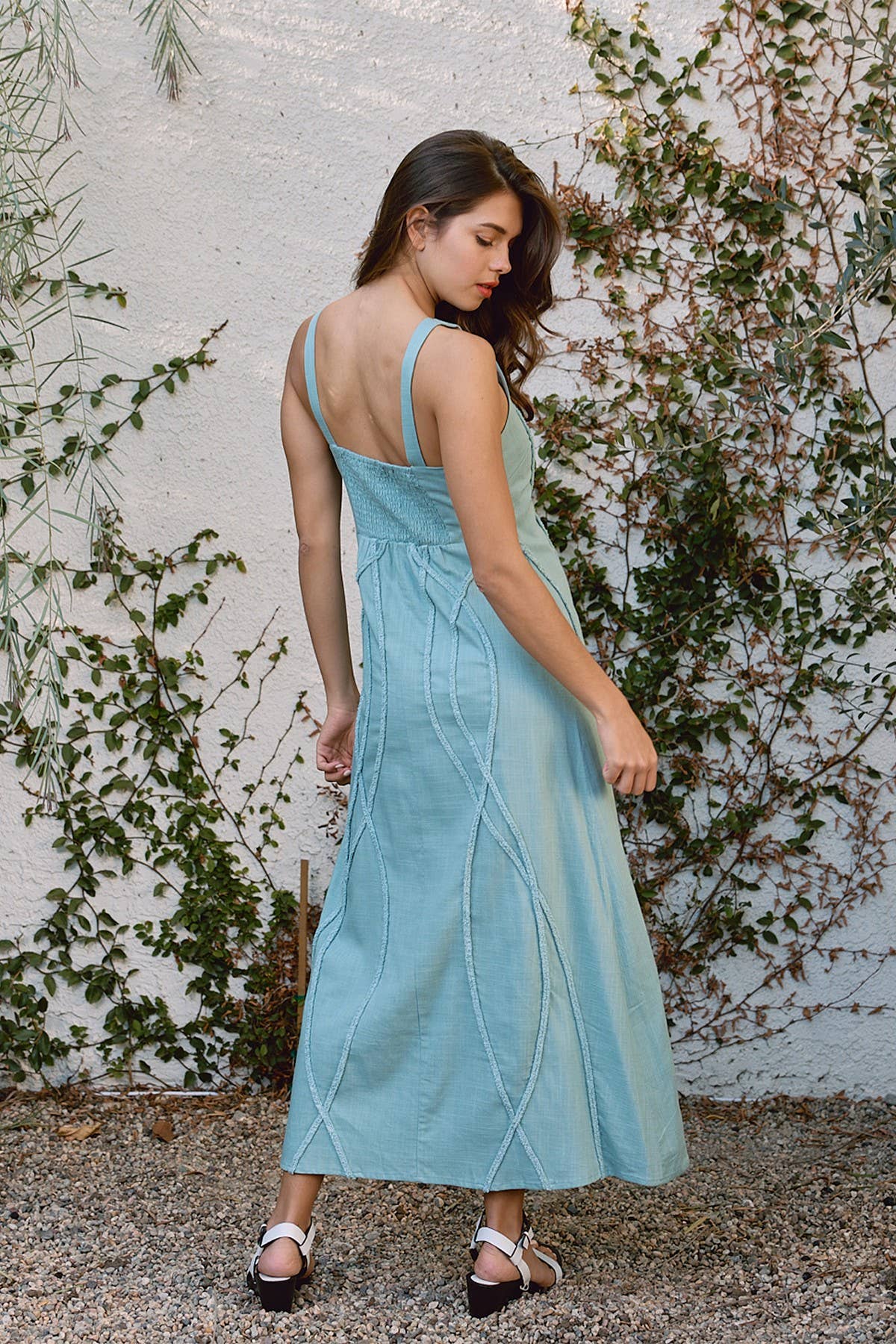 Wavy Trimmed Long Dress - RD1089: Beige