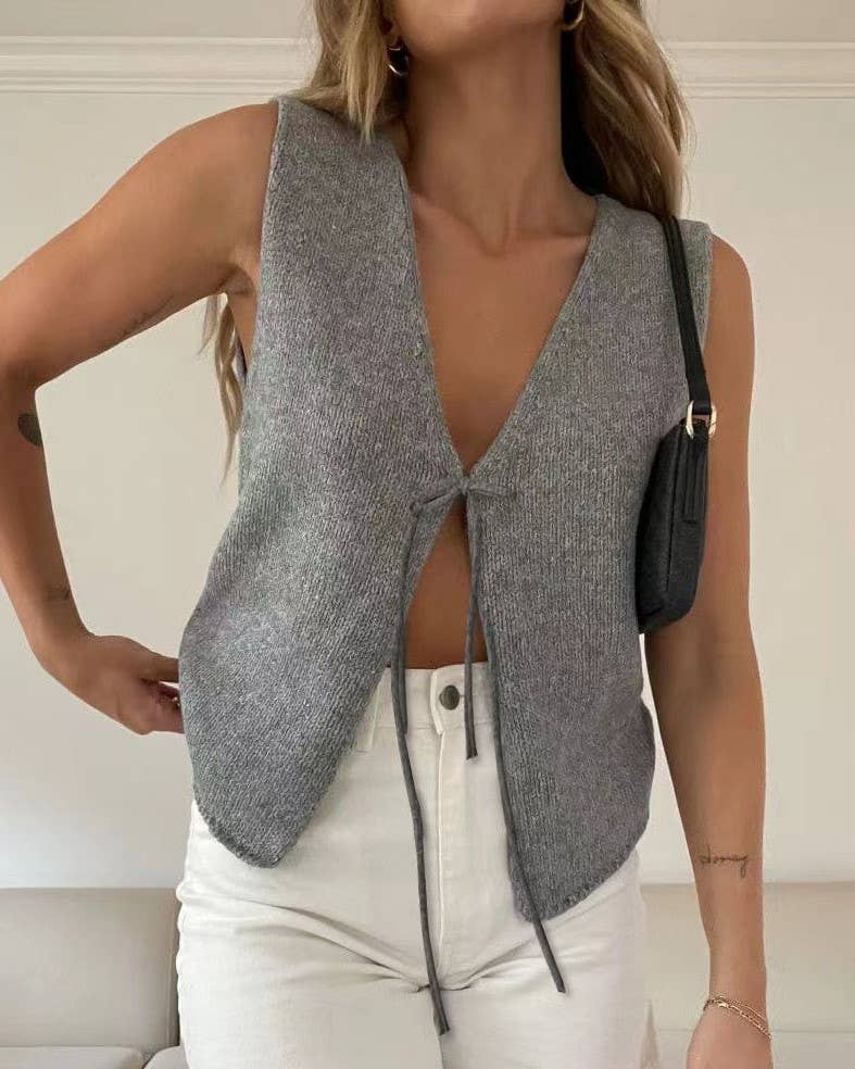 Stylish Sleeveless Lace-Up Knitted Vest: White / RCJW02216-White