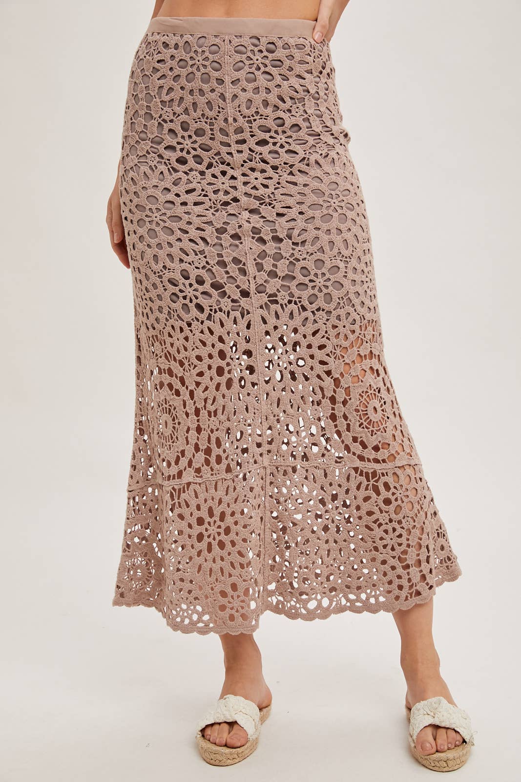 CROCHET MIDI SKIRT WITH LINING: NATURAL / B02609