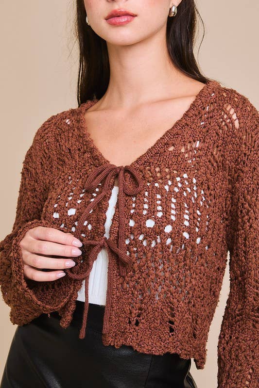 Front Tie Crochet Effect Sweater Top: Brown / SWJ2251