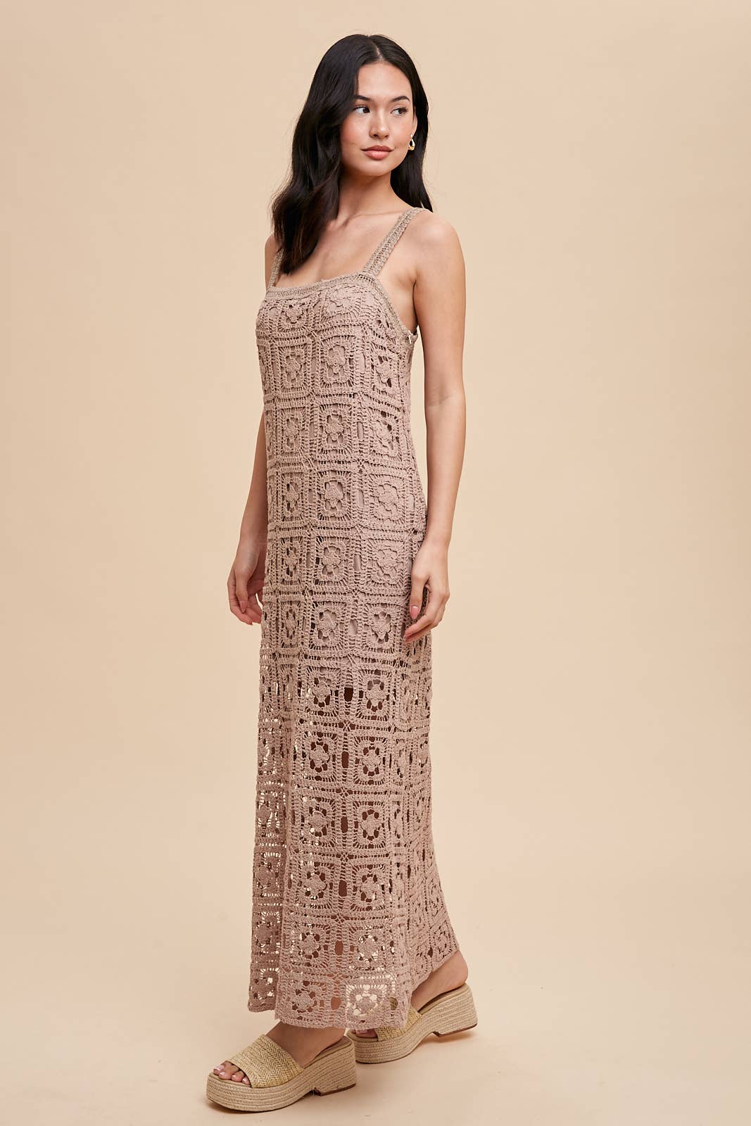 COTTON CROCHET MAXI TANK DRESS: MUSHROOM / ILD5424-N