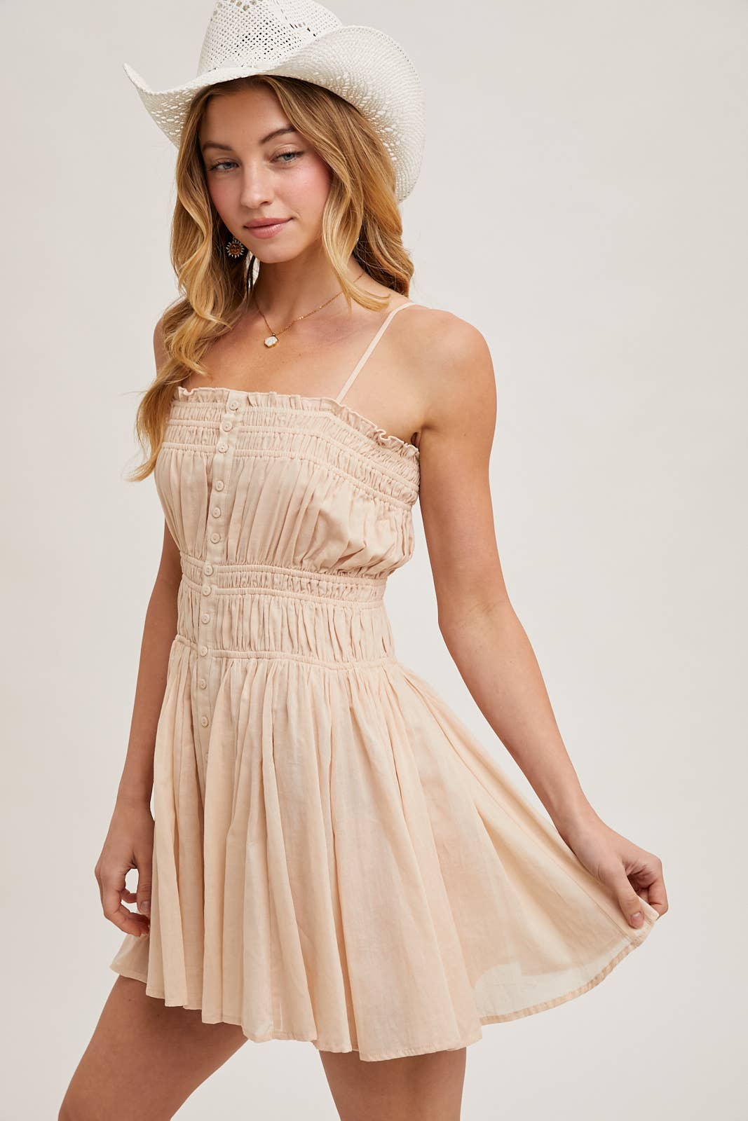 SMOCKED BUTTON DOWN SLEEVELESS MINI SLIP DRESS: PLUM / D02287