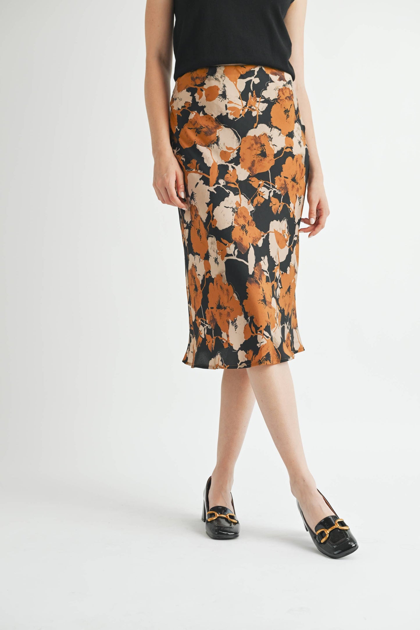 FLOWER PRINT BIAS CUT MIDI SKIRT : BLACK COMBO / FS67306