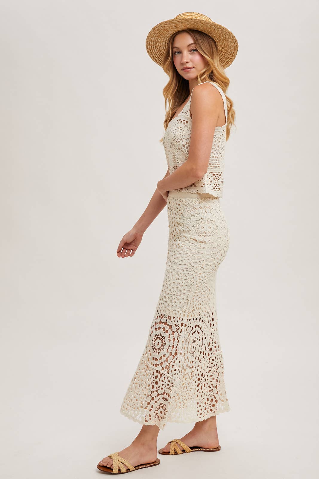 CROCHET MIDI SKIRT WITH LINING: NATURAL / B02609