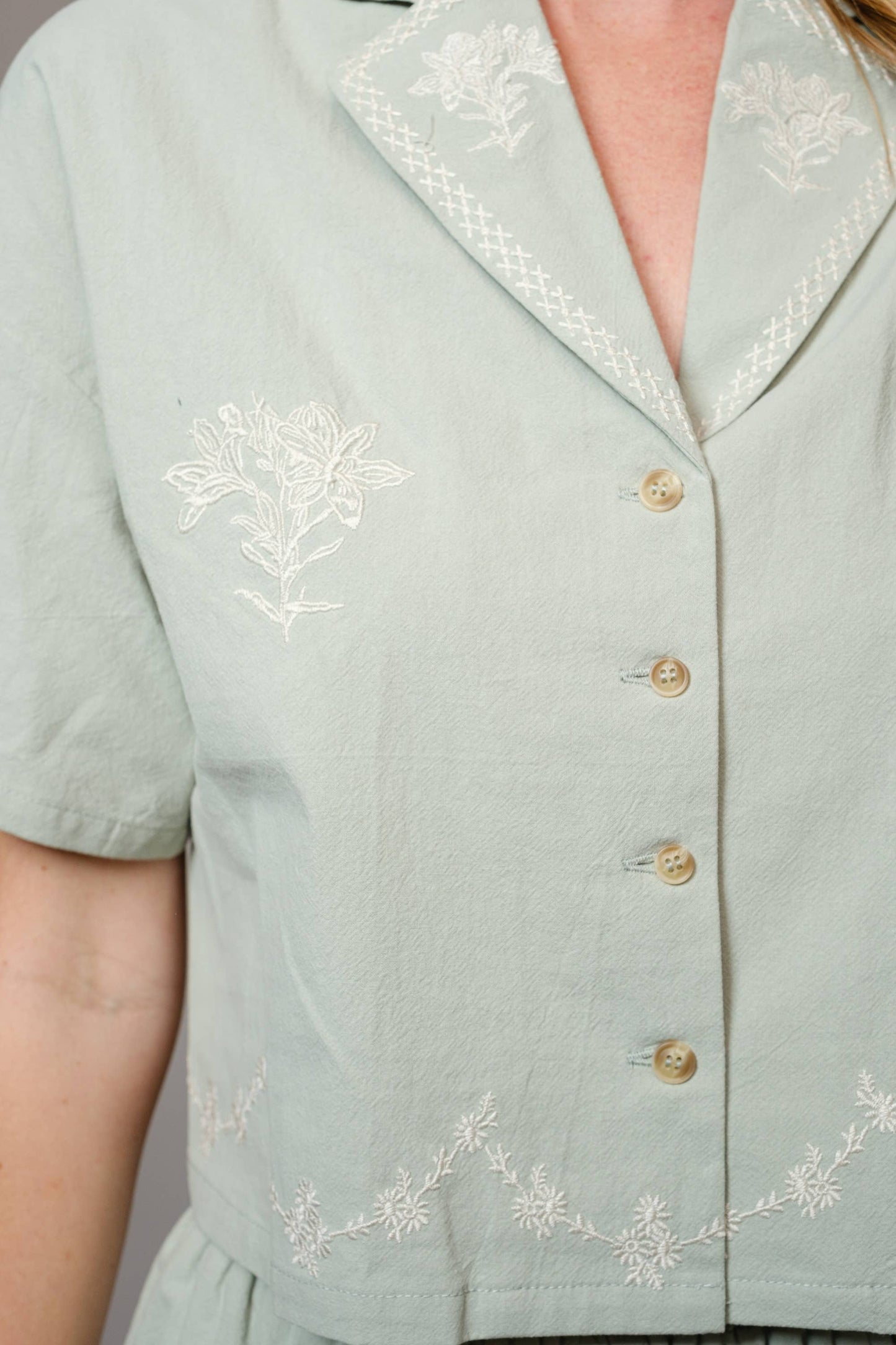 Top Only ππ 94380 - Cotton Embroidered Crop Shirt: TAN / Blue B