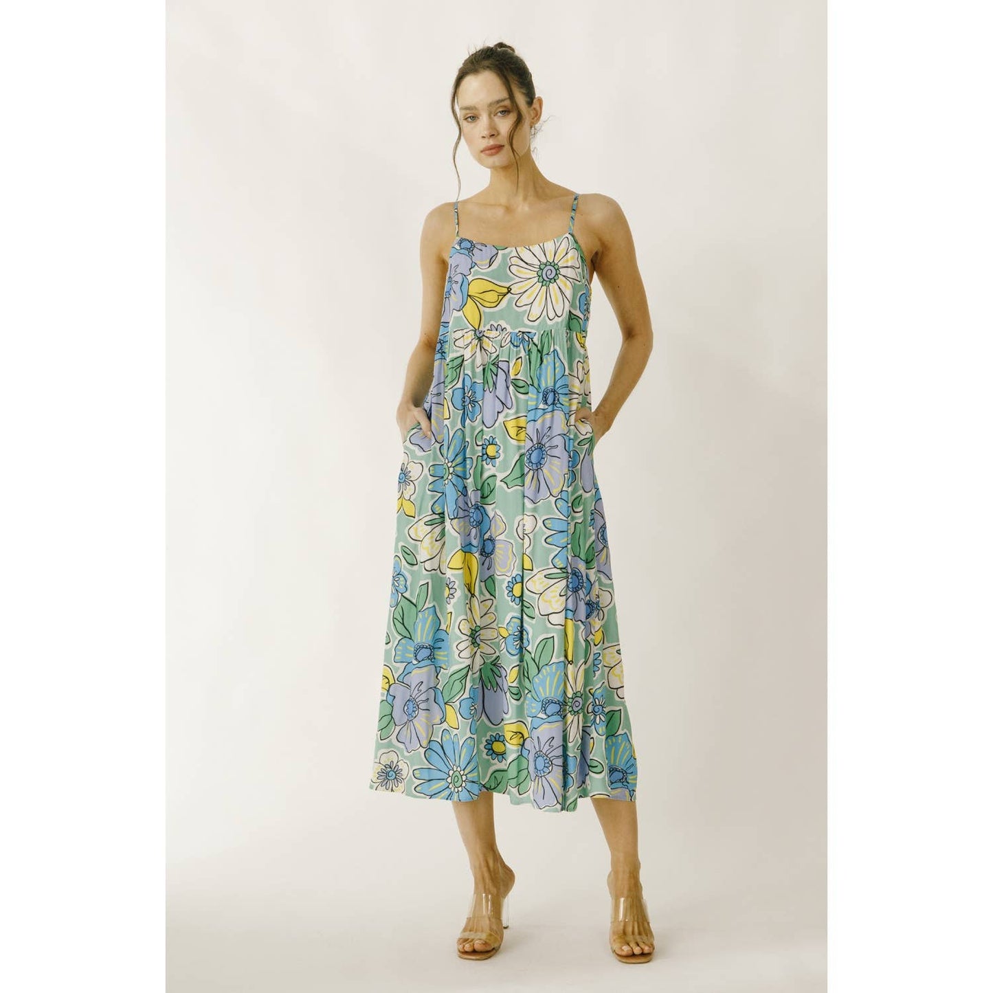 JD4711-1- LARGE BRIGHT FLORAL BABY DOLL MIDI DRESS: GREEN