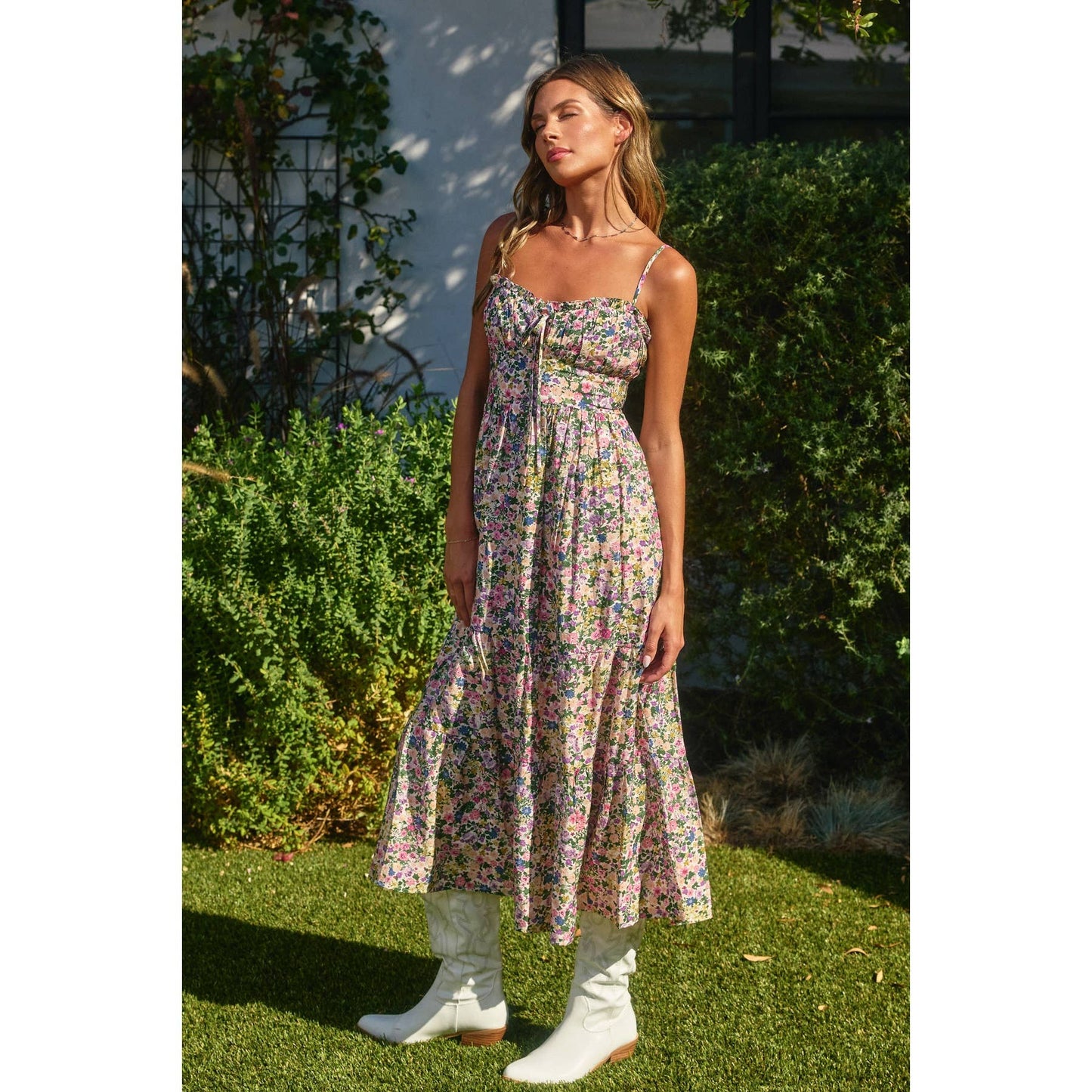 Morning Glory Corset Tie Back Dress: PINK GREEN FLORAL / FD9332-CP422