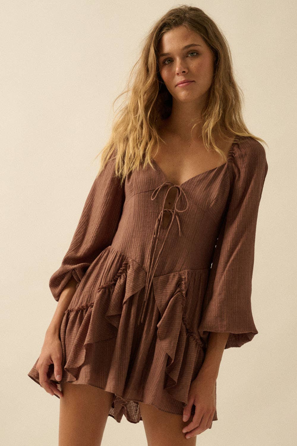 Tonal-Stripe Ruffled Tie-Front Peasant Romper: OATMEAL / NPC2301