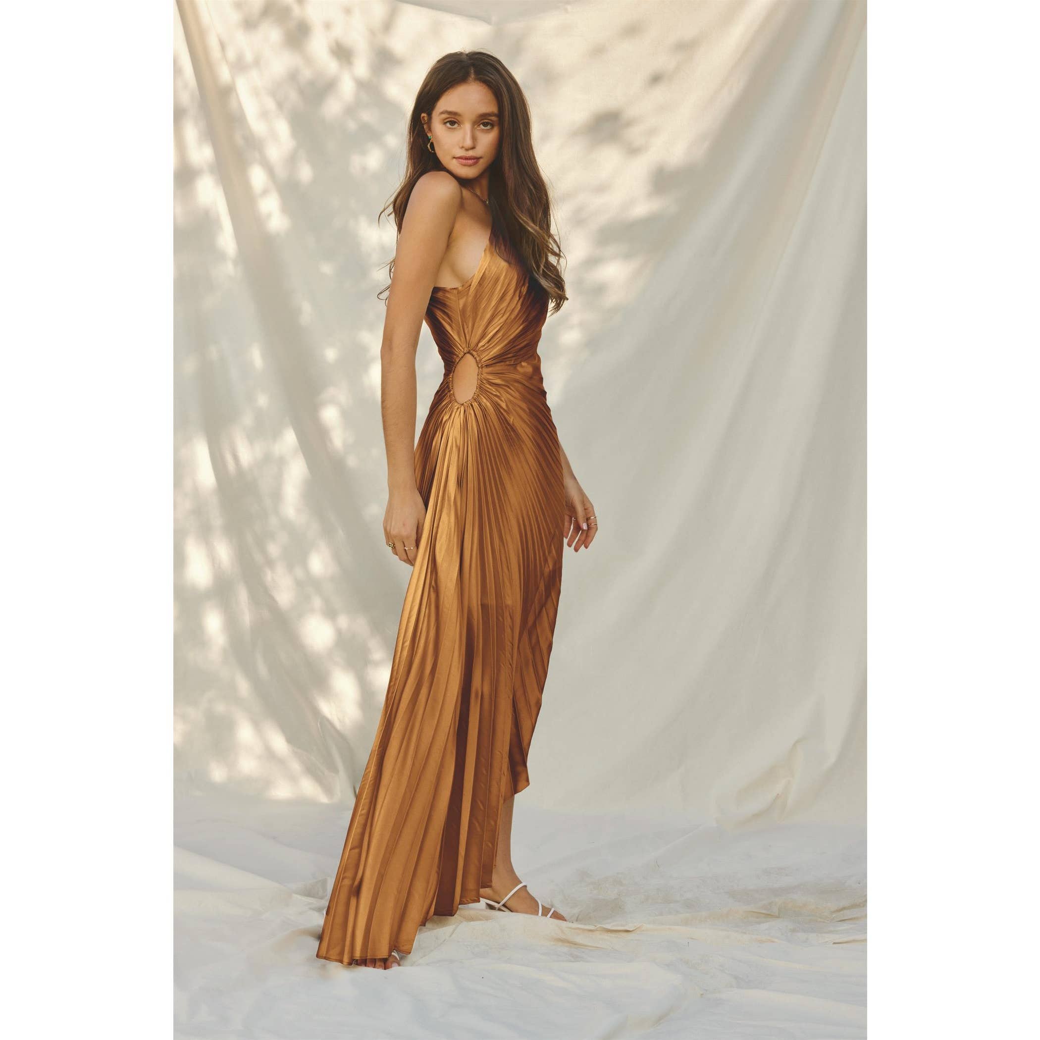 Olympia Asymmetrical Pleated Maxi Dress (1): GOLDEN OCHRE / S-M-L