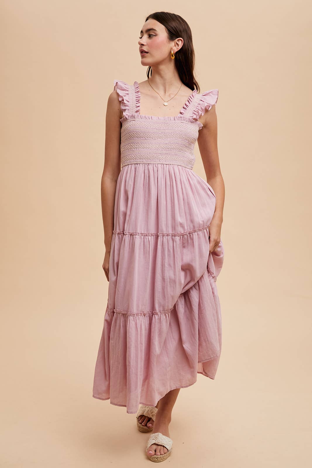 CONTRAST STITCHED SMOCKED MAXI DRESS: AIRY BLUE / ILD6242