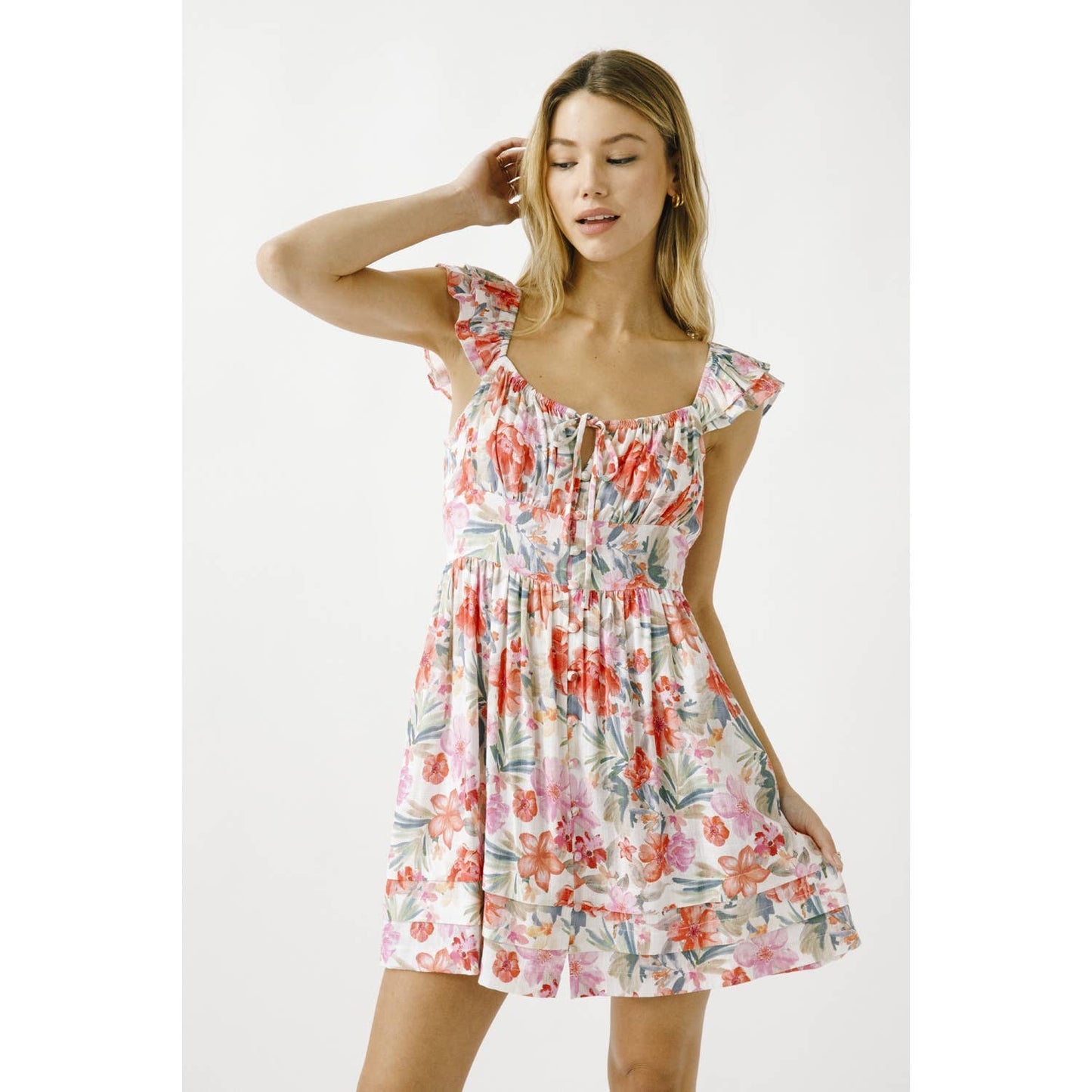JD6057-1- WARM MULTI COLORED FLORAL A-LINE MINI DRESS: WHITE/MULTI FLORAL