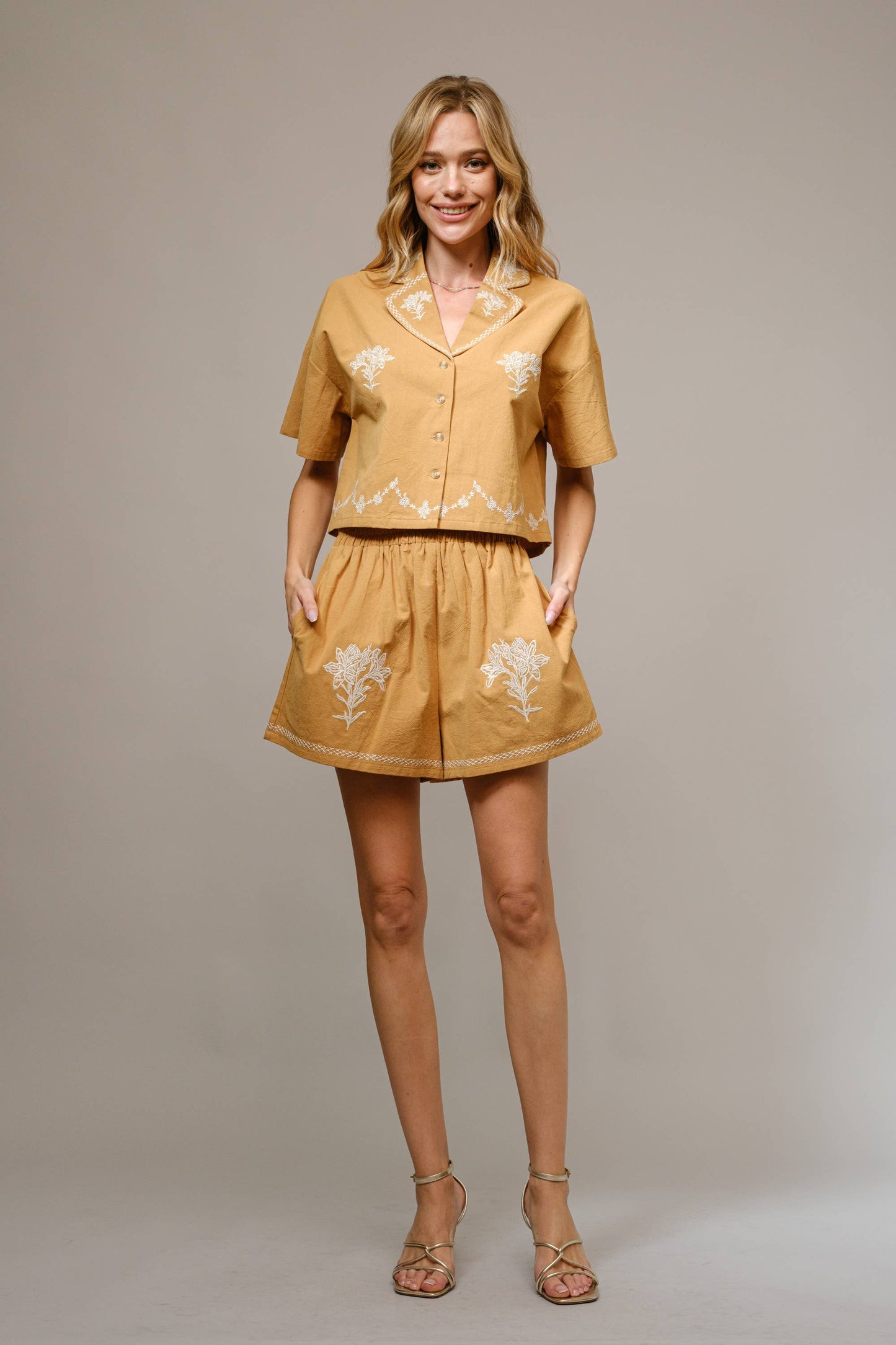 Shorts only 💖💖💖 - Cotton Embroidered Crop Shirt Set: TAN / 94380SET