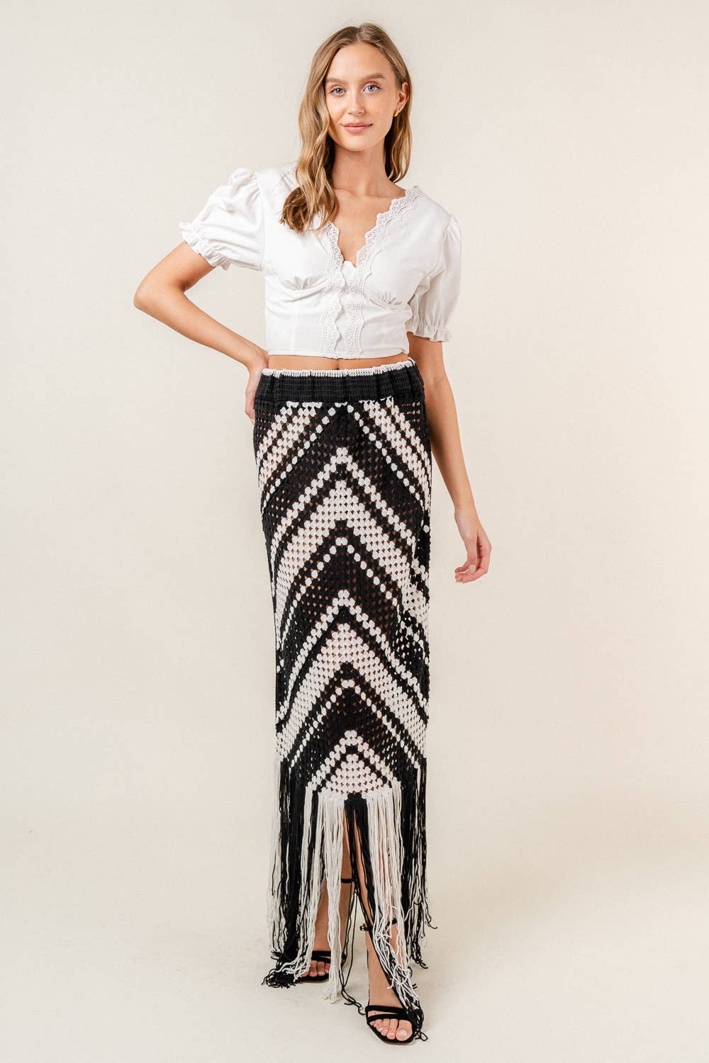 RESORT BEACH CHEVRON CROCHET FRINGED MIDI SKIRT-SI3997FO: Ivory/Navy