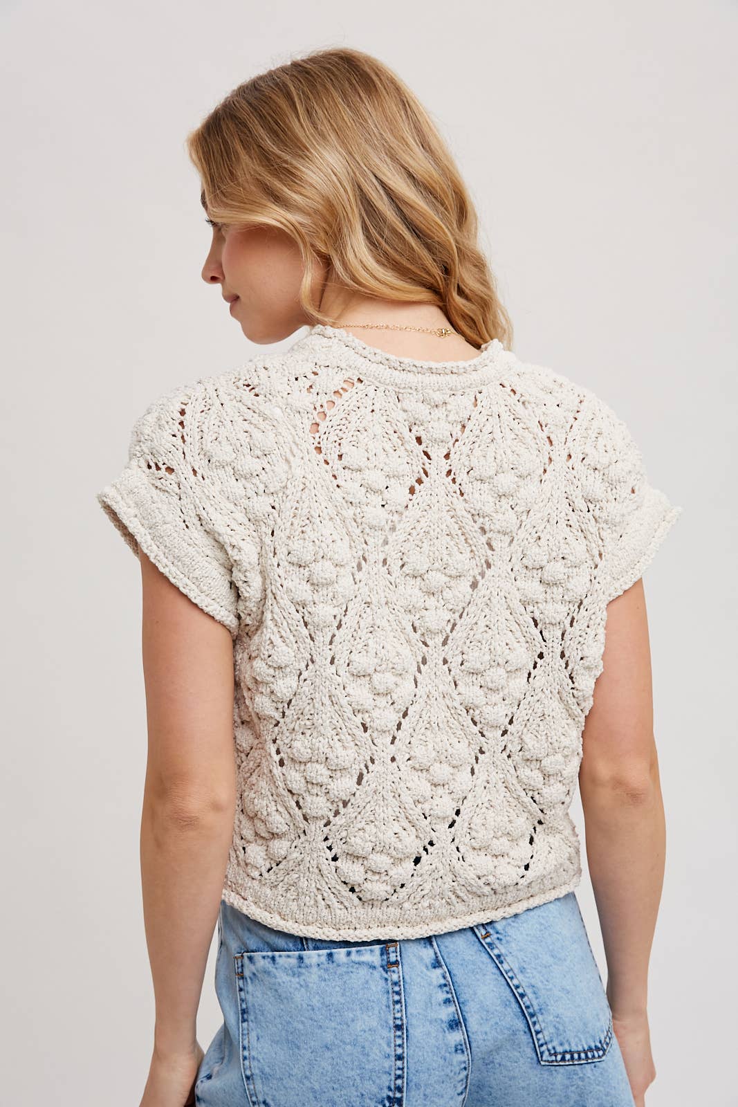 KNIT SWEATER SHORT SLEEVED PULLOVER: NATURAL / T01998