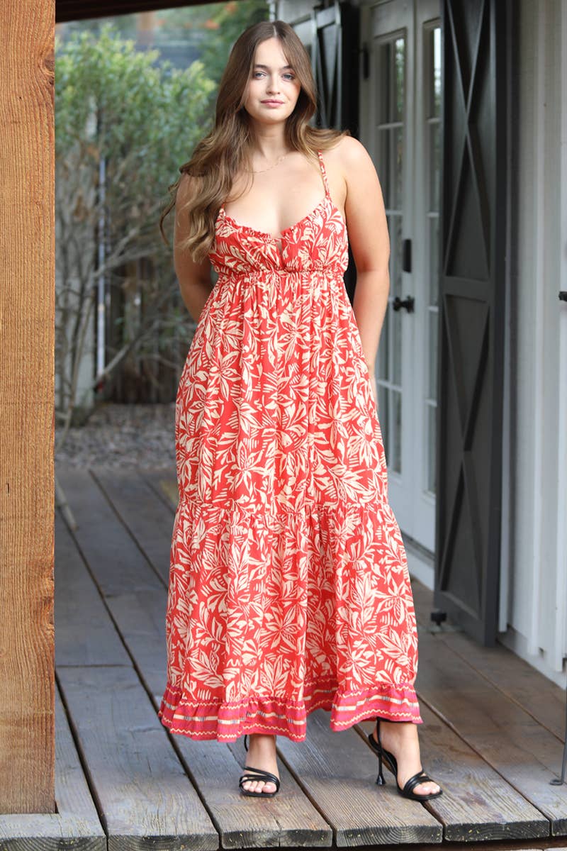 C4A27-A876 SPAGHETTI STRAP RACER BACK MAXI DRESS: Red