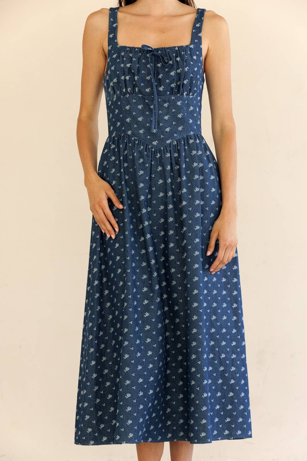 JD7676-DENIM FLORAL CORSET MIDI DRESS: DENIMFLORAL