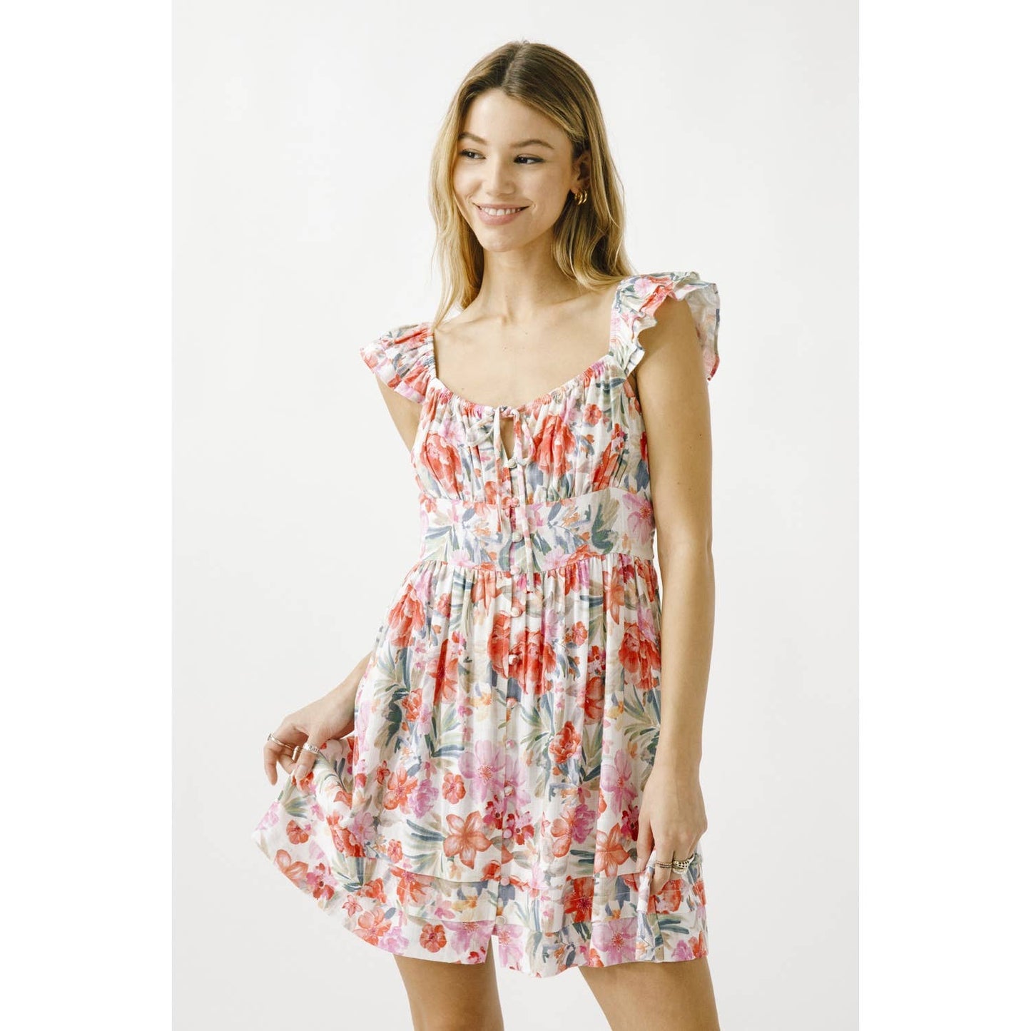 JD6057-1- WARM MULTI COLORED FLORAL A-LINE MINI DRESS: WHITE/MULTI FLORAL