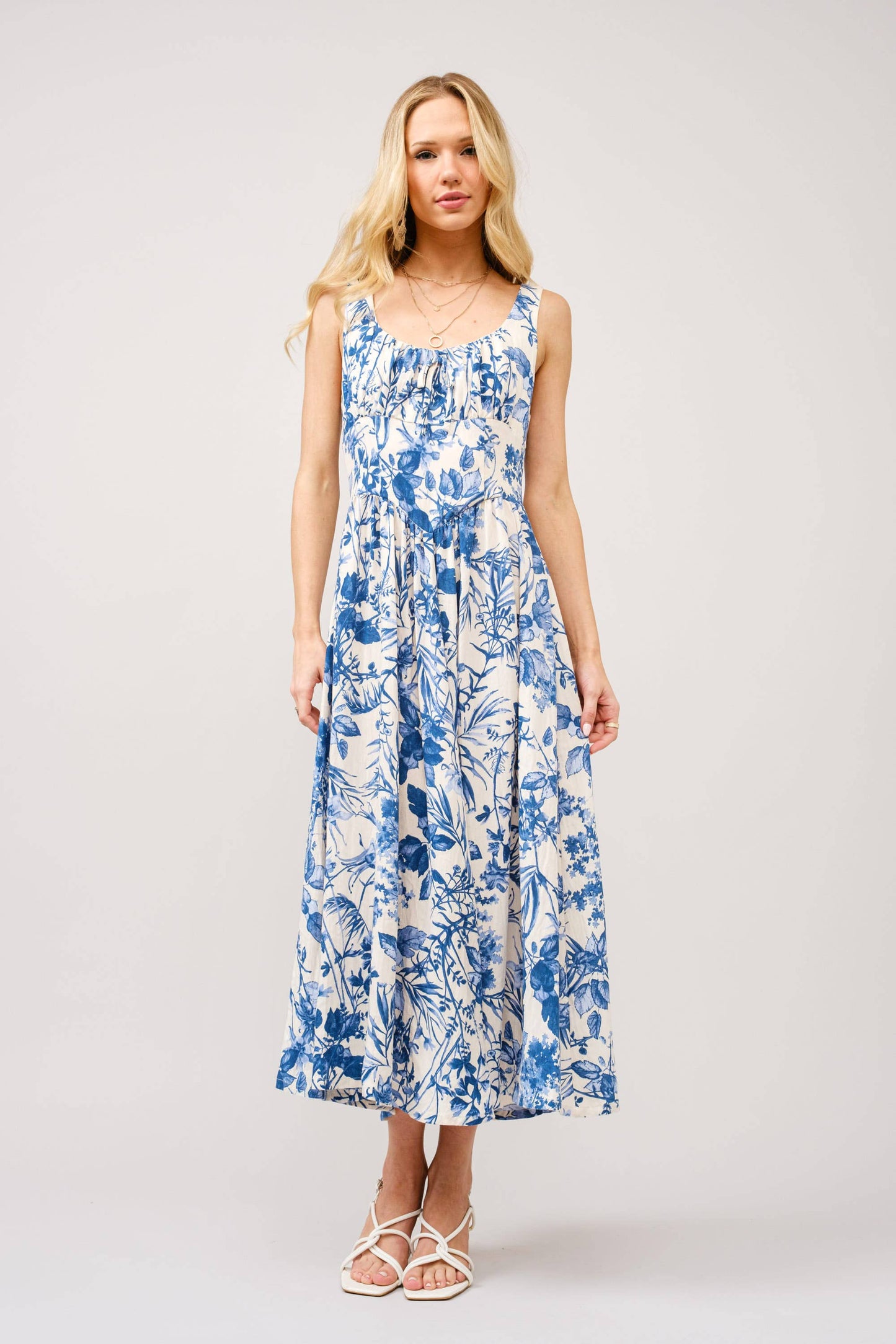 36281D - Floral Empire Gathered Maxi Dress: GARDEN BLUE