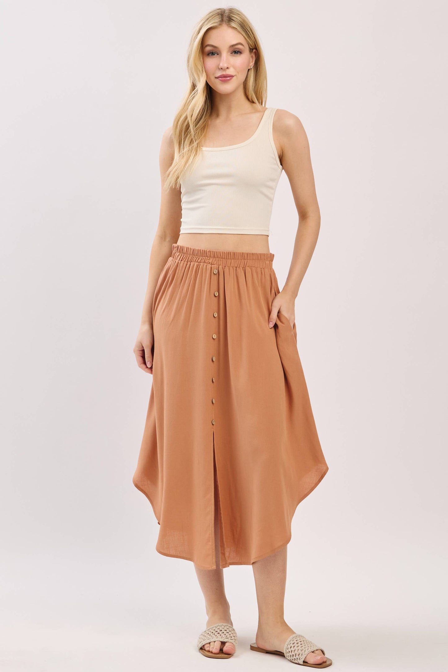 Solid Elastic Waist Midi Skirt - NS80162D: Dune