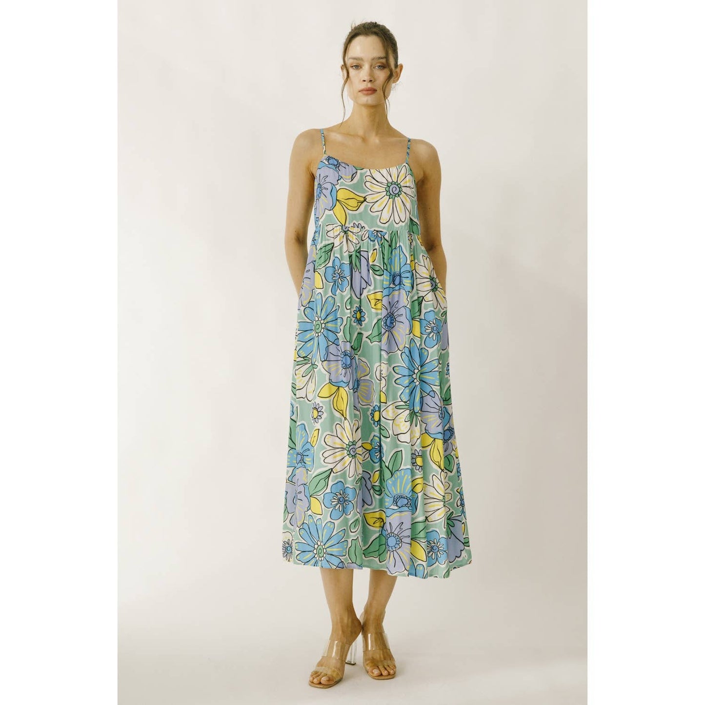 JD4711-1- LARGE BRIGHT FLORAL BABY DOLL MIDI DRESS: GREEN