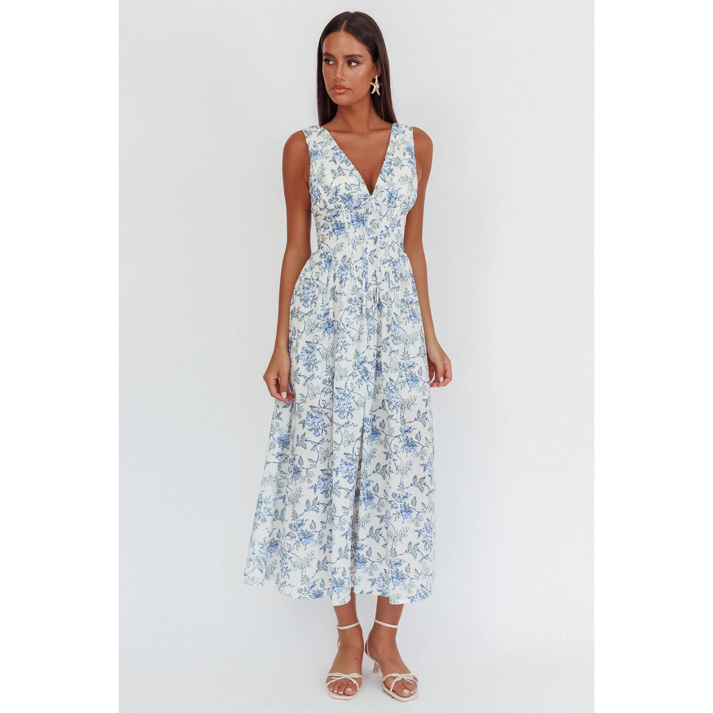 FLORAL PRINT MAXI DRESS: BLUE / ST5199D-1