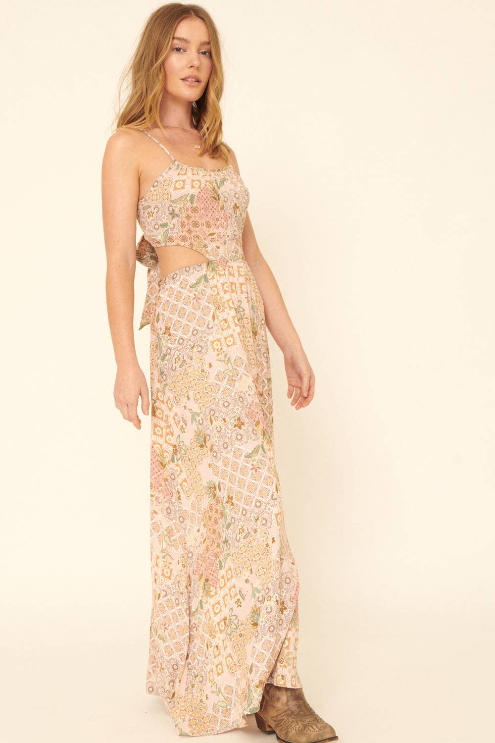 Floral Patch Straight Neck Cami Cutout Mini Dress: Blush