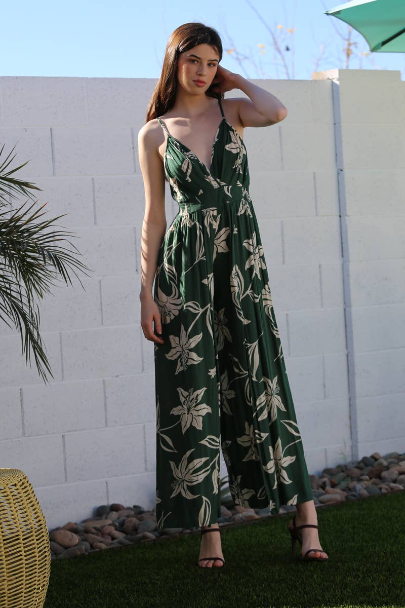 B5957-W921 V NECK SLIT LEG JUMPSUIT FLORAL PRINT: Blue