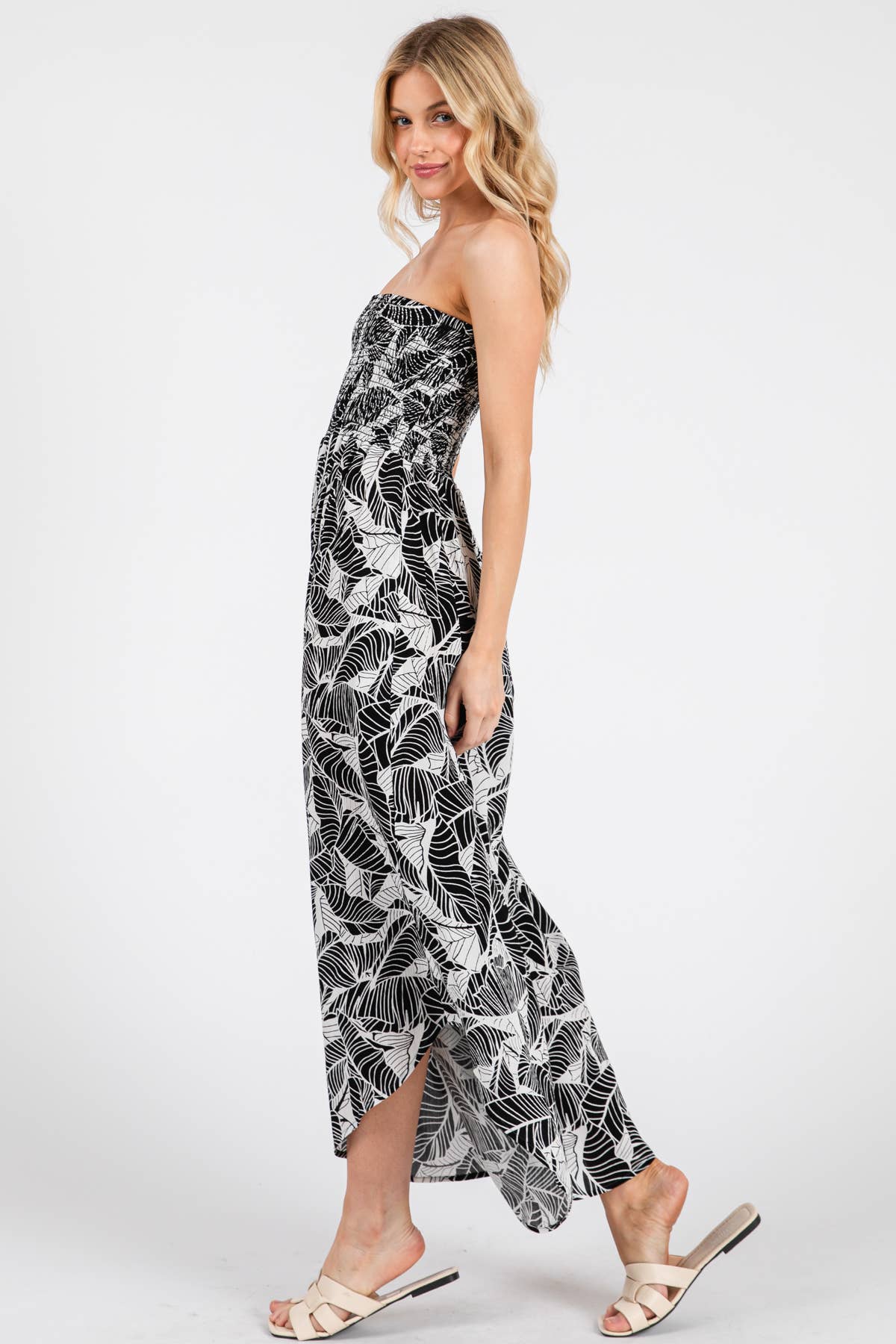 Print Smocked Detailed Off Shoulder Jumpsuit - NJU60429D: Black