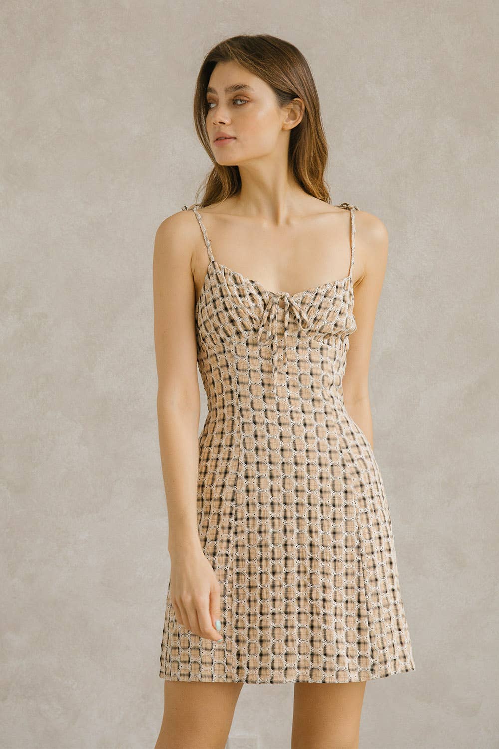 BD2595- Plaid and Circled Eyelet, Empire Waist Mini Dress: Dusty Apricot