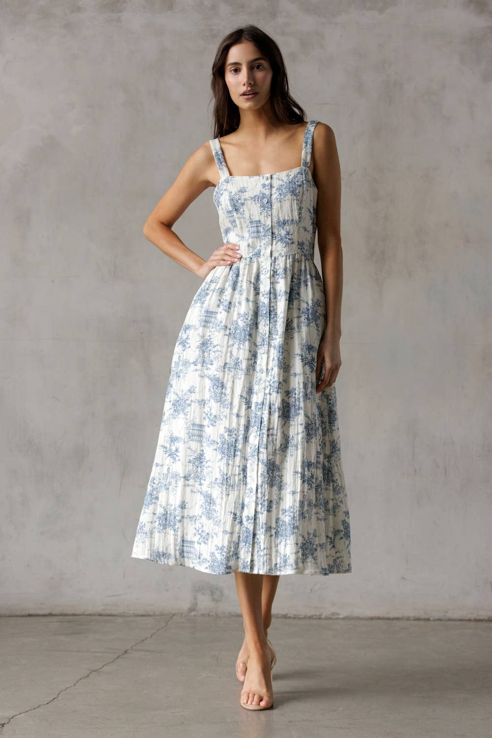 SJD7548-WHITE BLUE MIDI DRESS: WHITE/BLUE