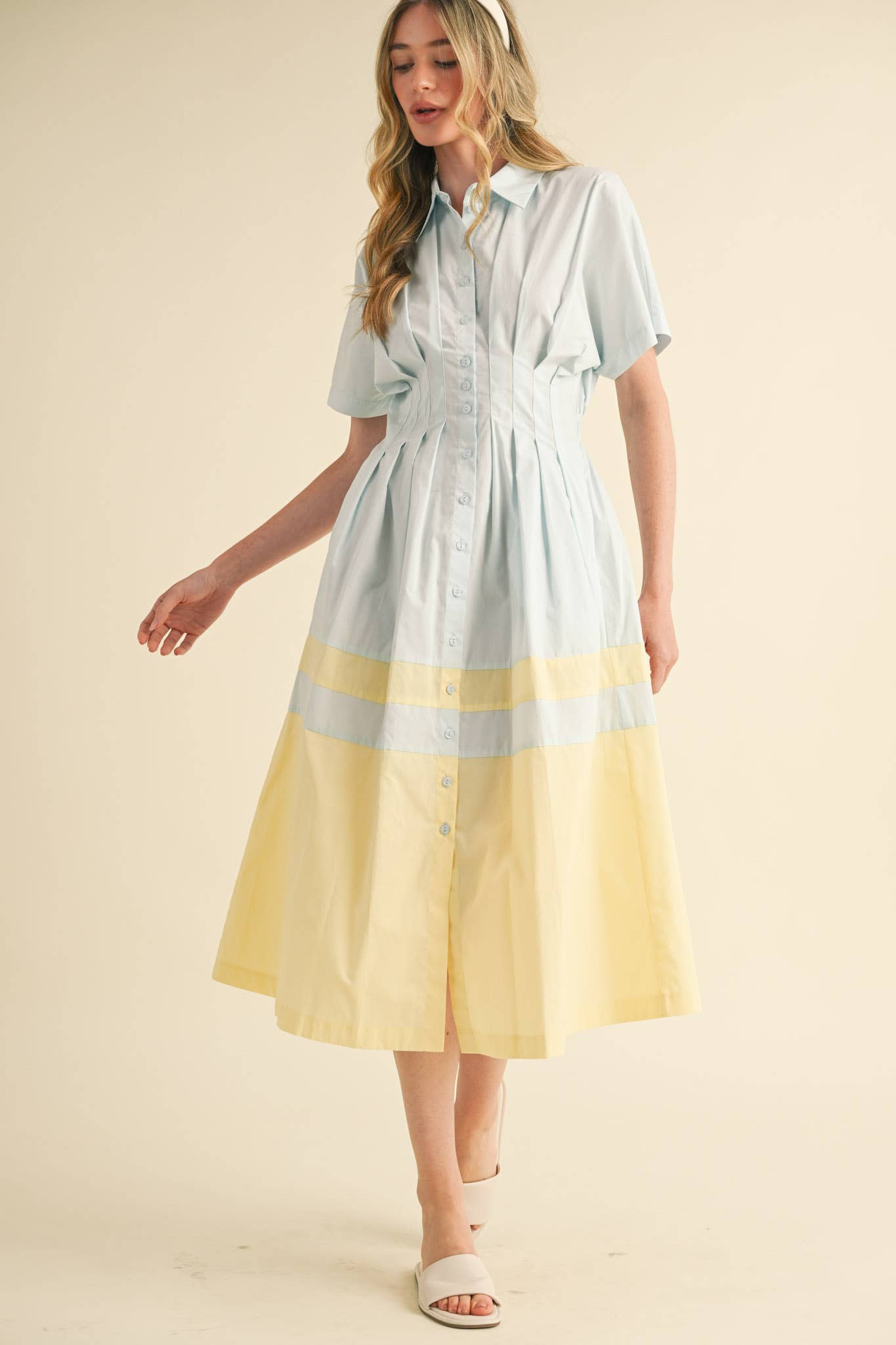 BUTTON DOWN PLEATED WAIST COLOR BLOCK MIDI DRESS MDR3556