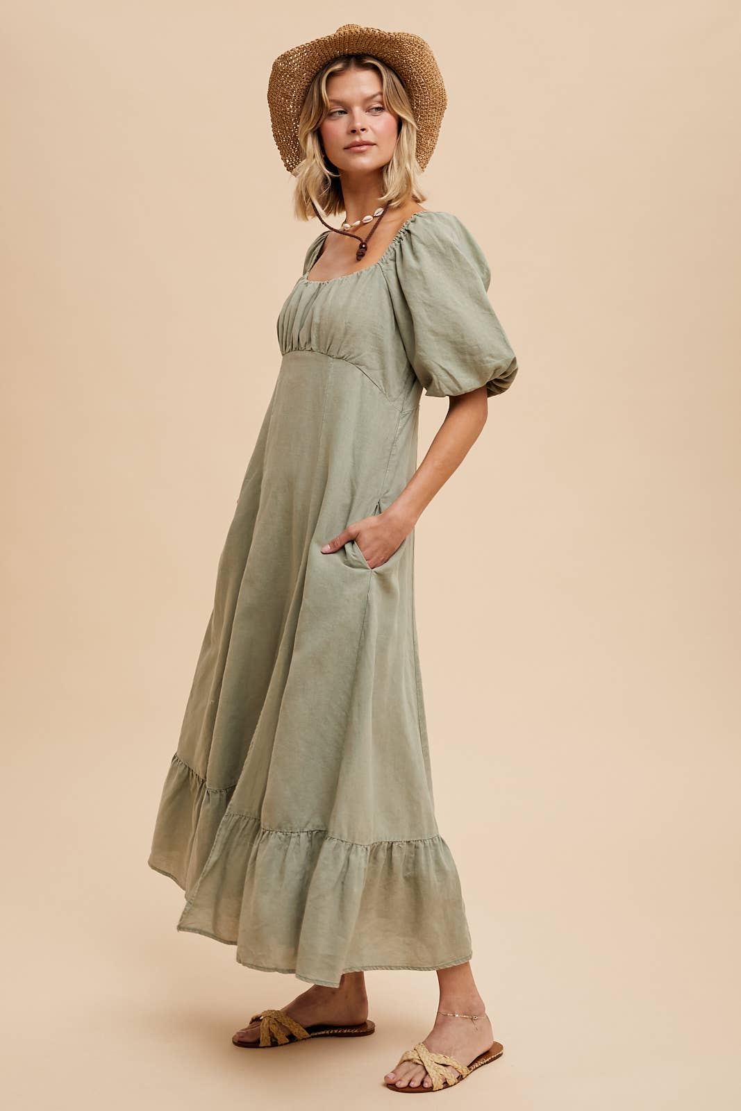 LINEN FIT AND FLARE EMPIRE DRESS: OFF-WHITE / ILD5689