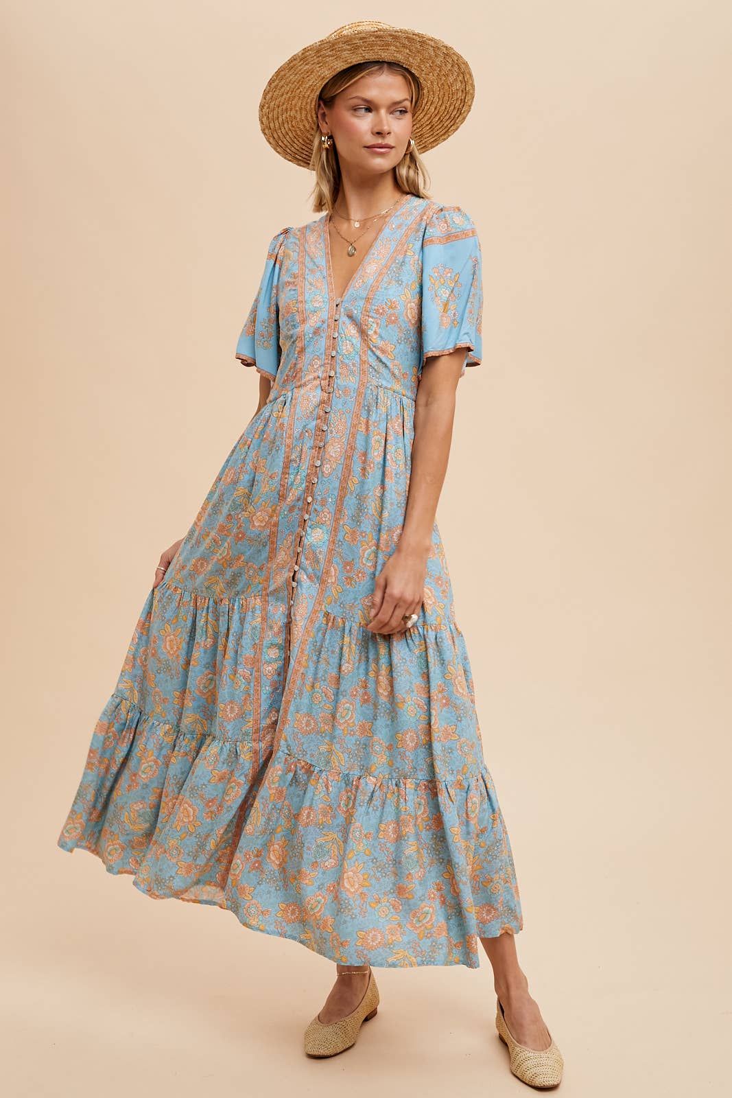 BORDER PRINT BUTTON FRONT MIDI DRESS: DUSTY BLUE / ILD4971-A