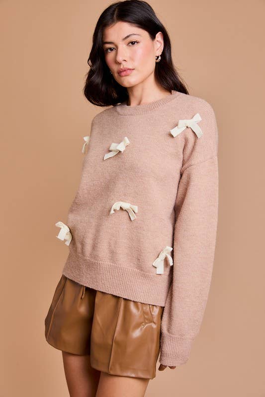 Round Neck Long Sleeve Bows Sweater: Taupe-cream / MWT7241G