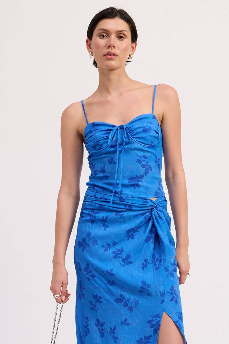 FLORAL CORSET STYLE TOP WITH SPAGHETTI STRAPS: BLUE FLORAL / IPG2814T