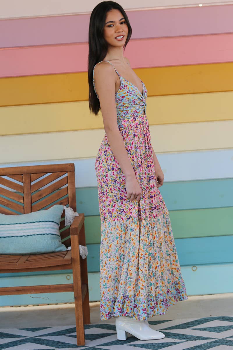 Blue green F4F50-A814 V NECK TWIST FRONT CUT OUT MAXI DRESS