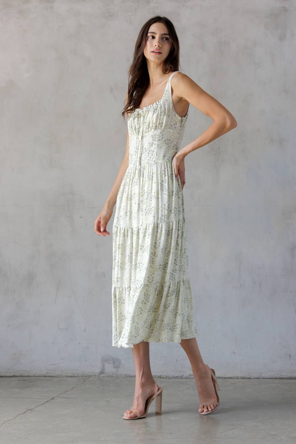 SDJD6374-1-SLEEVELESS FLORAL PRINT MIDI DRESS: IVORY/GREEN
