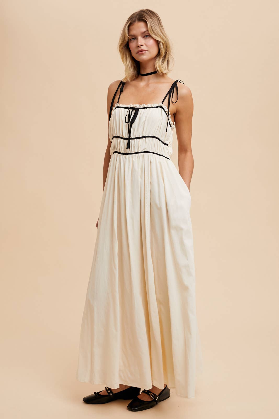 COTTON BLEND CONTRAST TRIM MAXI DRESS: EUCALYPTUS / ILD5742