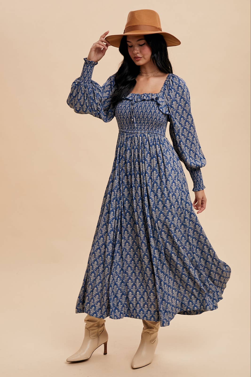 SMOCKED RUFFLED FLORAL MAXI: INDIGO / ILD5970